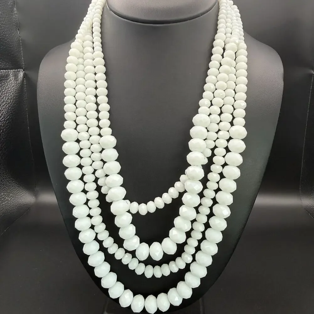 Talbots 4 Strand White Glass Statement Necklace Chunky Faceted Layered Bib 20 25